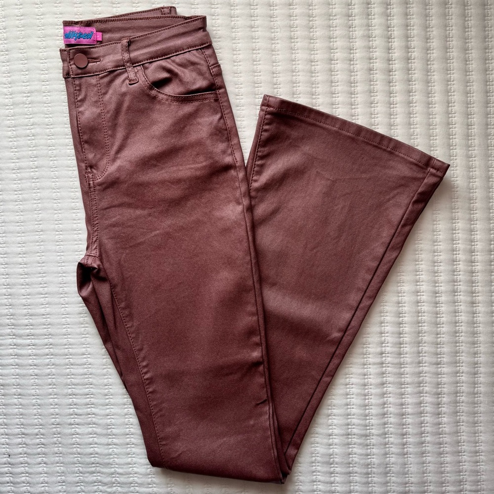 Edikted Chocolate Brown Faux Leather Flared High Rise Pants in Large